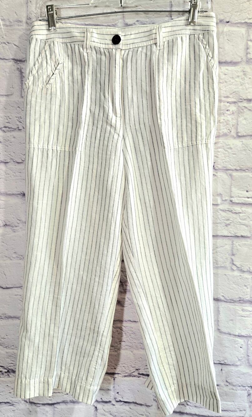 Chico's White Gray Striped Cropped Linen Pants 1/M/8-10 Lightweight Soft Flowy